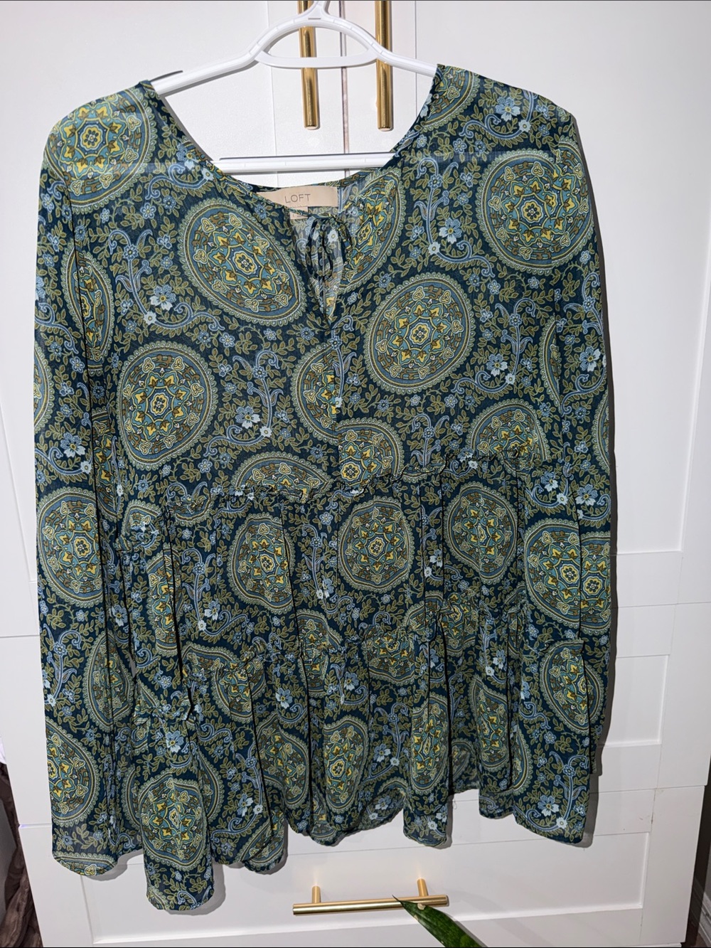 LOFT Green Paisley Tiered Top with Blue and Gold Accents